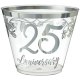 "25th Anniversary" Bordered Trimmed Plastic Reusable Tumbler Cups, Clear/Silver, 9-oz, 30-pk, for Anniversary Party K3A2 - product image 1
