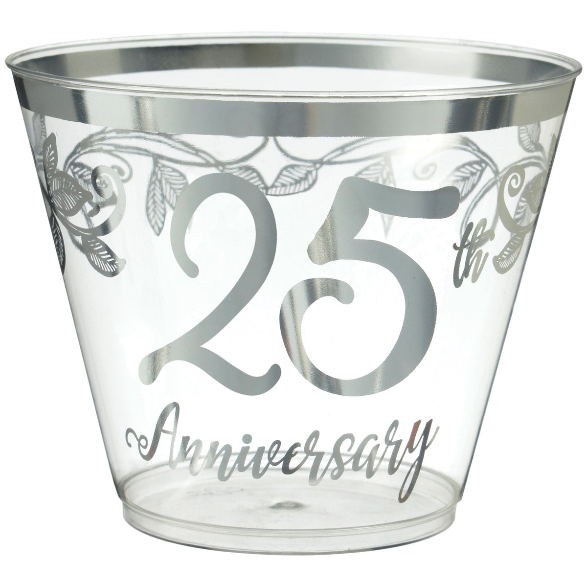 "25th Anniversary" Bordered Trimmed Plastic Reusable Tumbler Cups, Clear/Silver, 9-oz, 30-pk, for Anniversary Party K3A2 - product image 1