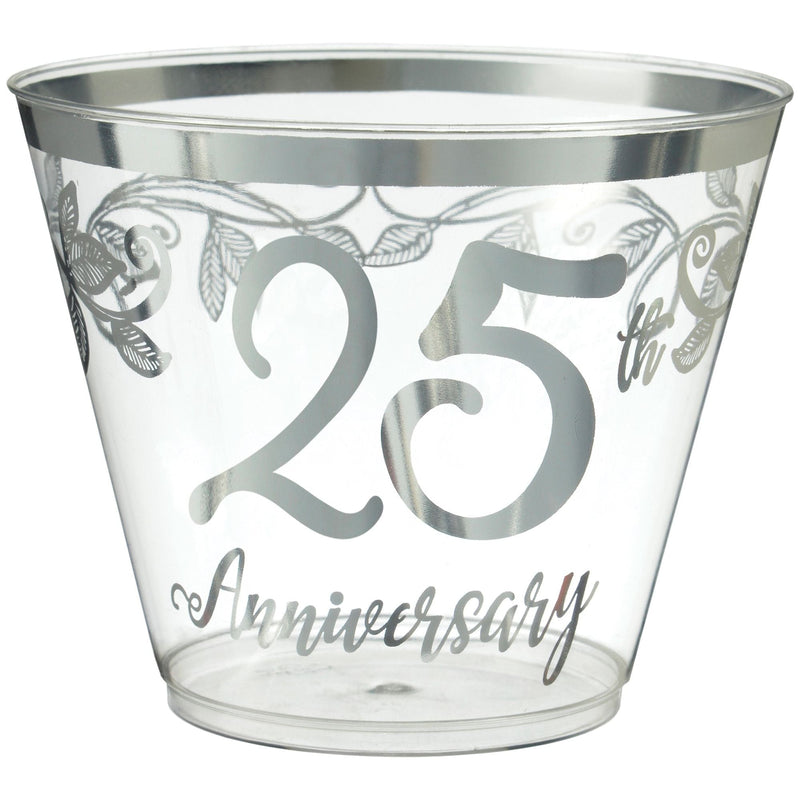 "25th Anniversary" Bordered Trimmed Plastic Reusable Tumbler Cups, Clear/Silver, 9-oz, 30-pk, for Anniversary Party V8O2