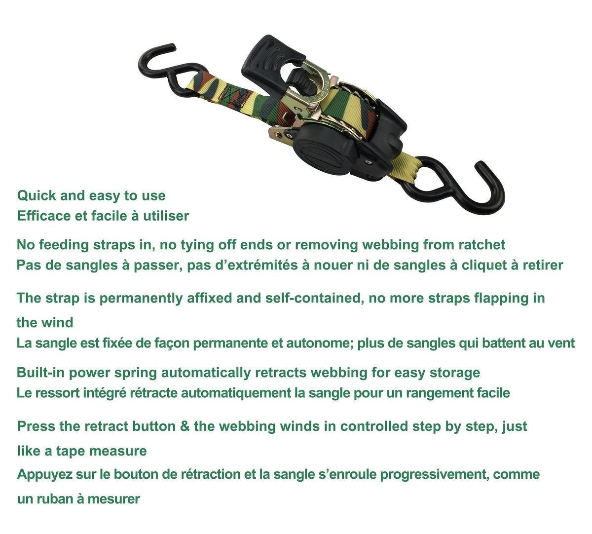 1,200-lb Retractable Camo Ratchet Tie Down Straps, 1-in x 10-ft, 2-pk J5L5 - product image 4