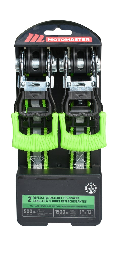1,500-lb Reflective Ratchet Tie-Down Strap with Padded D-Handle, 1-in x 12-ft, 2-pk M8Y9