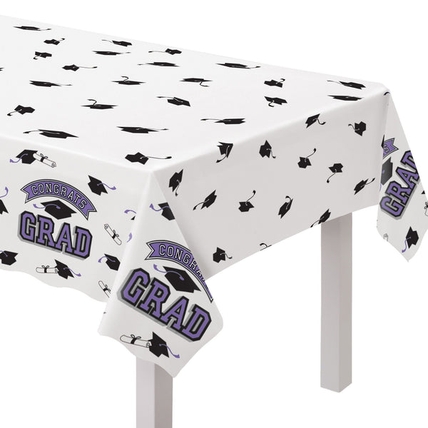 "Congrats Grad" Rectangle Plastic Reusable Table Cover, Purple, 54x84-in, for Graduation A7N7