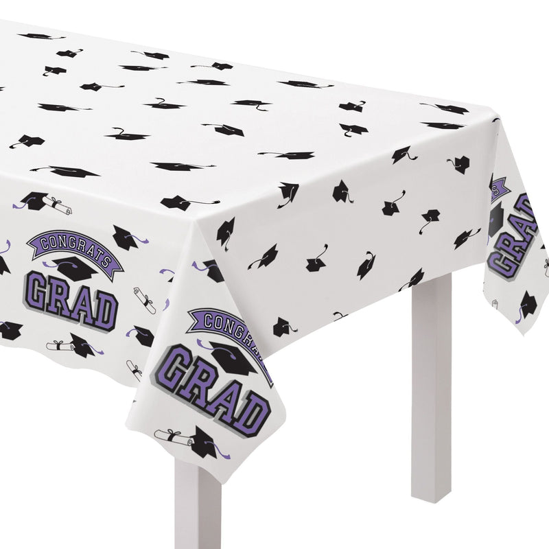 "Congrats Grad" Rectangle Plastic Reusable Table Cover, Purple, 54x84-in, for Graduation A7N7